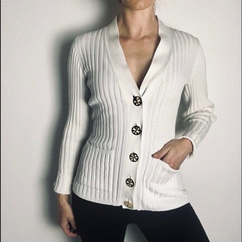Tory Burch 100% cotton Cardigan white Ribbed silver logo Buttons Sz S